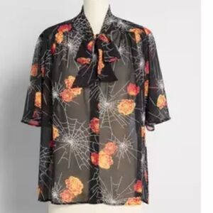 Modcloth Black Dress with Orange Floral and Web Design